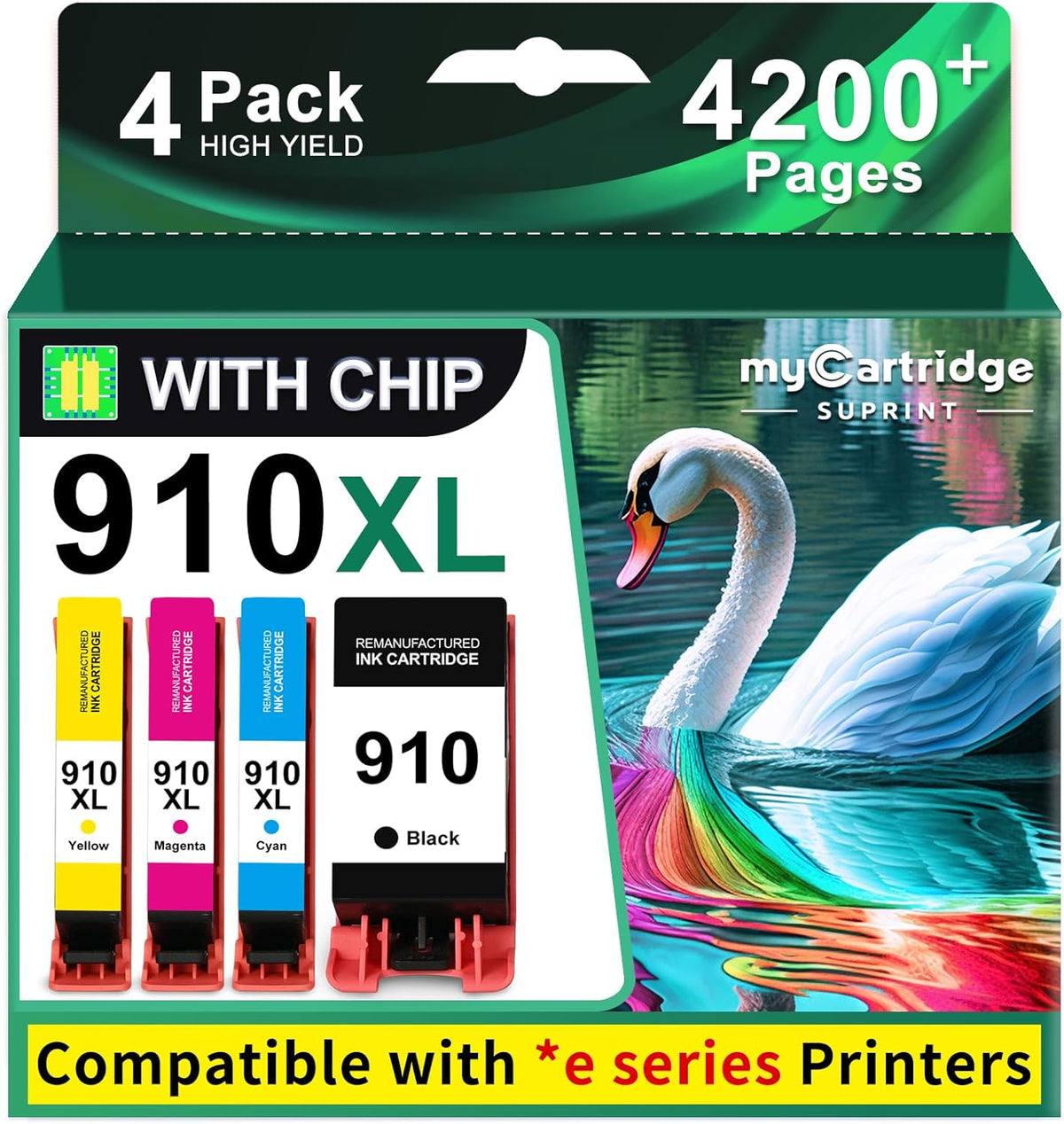 myCartridge Remanufactured HP 910XL Ink With Chip 4-Pack (Black, Cyan, Yellow, Magenta) | OfficeJet 8010, 8012, 8014, 8015, 8017, 8018, OfficeJet Pro 8020, 8022, 8024, 8025, 8028, 8030, 8034e, 8035, 8025e, 8028e, 8035e